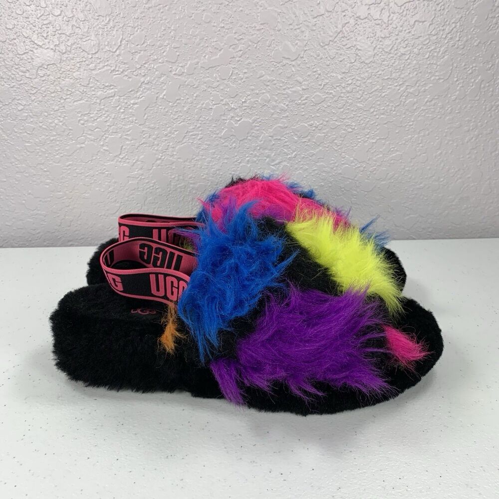 Ugg Fluff Yeah Slides Womens 9 Party Spots Black Rainbow Sandals
